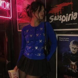Vintage Esperanza Blue Rhinestone Bow Cardigan XL